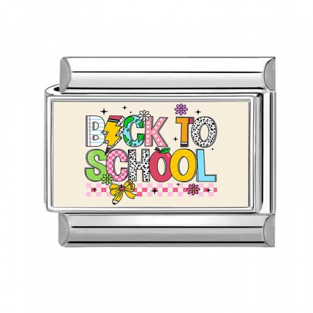 Picture of 1 Piece 304 Stainless Steel Italian Charm Links For DIY Modular Bracelet Watch Jewelry Making Wholesale Silver Tone Multicolor Rectangle Message " Back To School " 10mm x 9mm