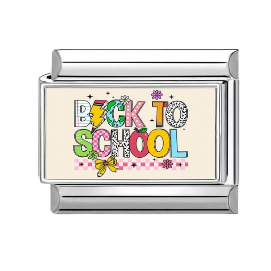 Picture of 1 Piece 304 Stainless Steel Italian Charm Links For DIY Modular Bracelet Watch Jewelry Making Wholesale Silver Tone Multicolor Rectangle Message " Back To School " 10mm x 9mm