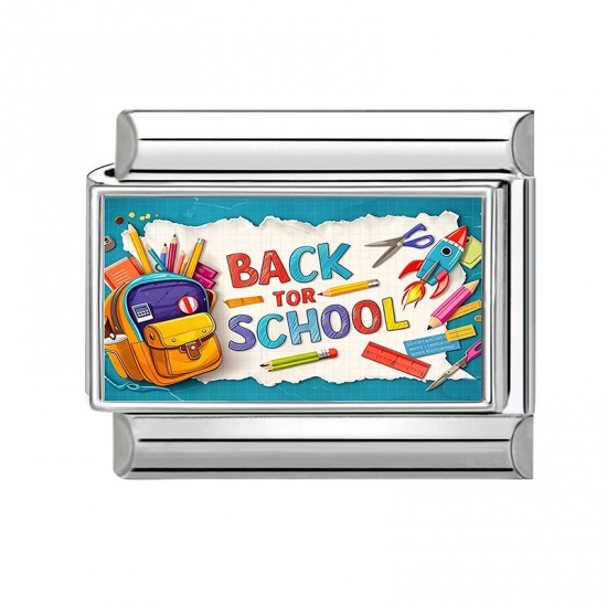 Picture of 1 Piece 304 Stainless Steel Italian Charm Links For DIY Modular Bracelet Watch Jewelry Making Wholesale Silver Tone Multicolor Rectangle Schoolbag Message " Back To School " 10mm x 9mm