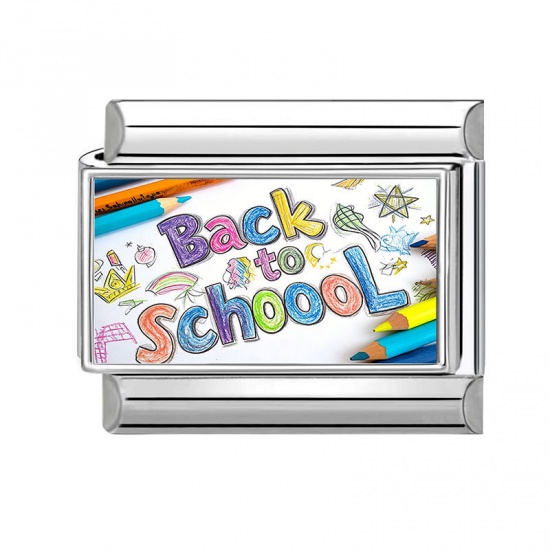 Picture of 1 Piece 304 Stainless Steel Italian Charm Links For DIY Modular Bracelet Watch Jewelry Making Wholesale Silver Tone Multicolor Rectangle Pencil Message " Back To School " 10mm x 9mm