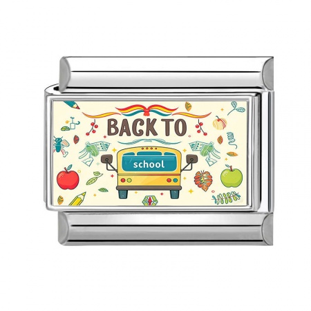 Picture of 1 Piece 304 Stainless Steel Italian Charm Links For DIY Modular Bracelet Watch Jewelry Making Wholesale Silver Tone Multicolor Rectangle School Bus Message " Back To School " 10mm x 9mm