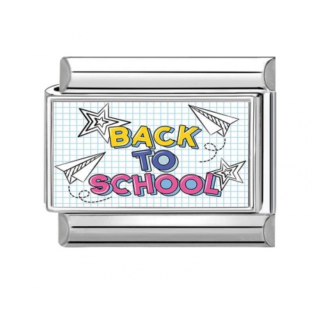 Picture of 1 Piece 304 Stainless Steel Italian Charm Links For DIY Modular Bracelet Watch Jewelry Making Wholesale Silver Tone Multicolor Rectangle Origami Airplane Message " Back To School " 10mm x 9mm