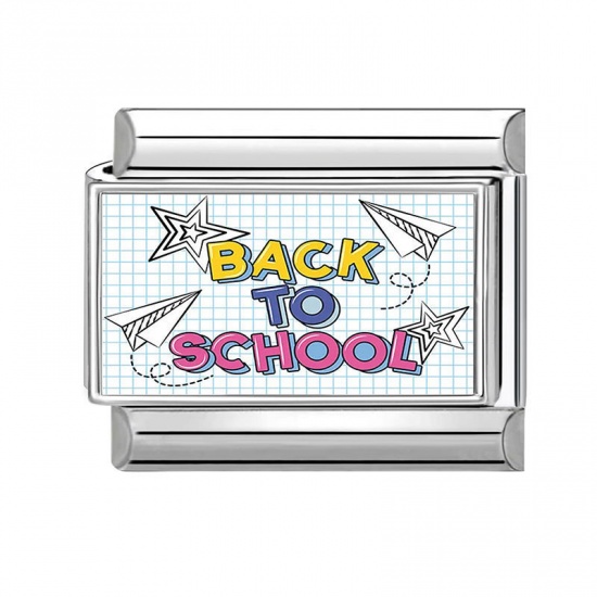 Picture of 1 Piece 304 Stainless Steel Italian Charm Links For DIY Modular Bracelet Watch Jewelry Making Wholesale Silver Tone Multicolor Rectangle Origami Airplane Message " Back To School " 10mm x 9mm