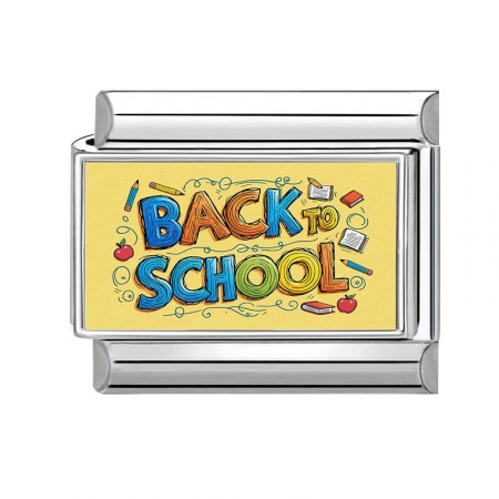 Picture of 1 Piece 304 Stainless Steel Italian Charm Links For DIY Modular Bracelet Watch Jewelry Making Wholesale Silver Tone Multicolor Rectangle Message " Back School " 10mm x 9mm