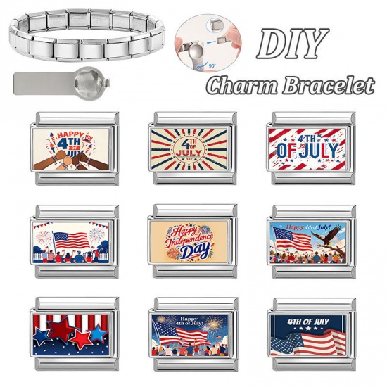 1 個 304ステンレス鋼 アメリカ独立記念日 イタリアンチャームリンク DIY モジュラーブレスレット・時計用 卸売り シルバートーン 多色 長方形 文字「 4th of July 」 10mmx 9mm、 の画像