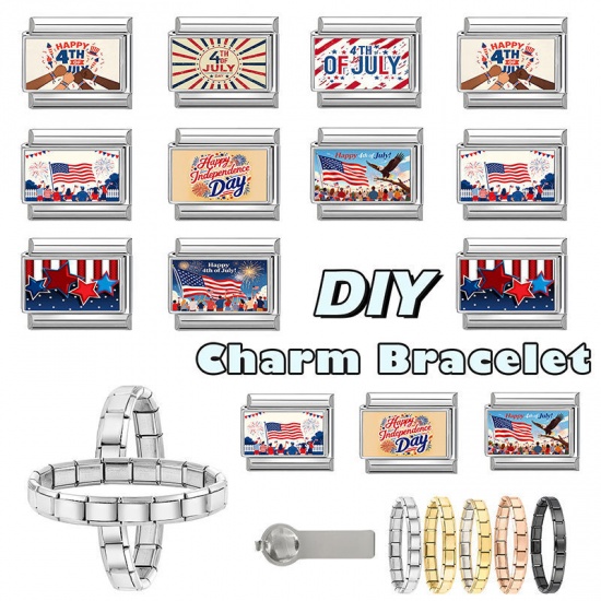 1 個 304ステンレス鋼 アメリカ独立記念日 イタリアンチャームリンク DIY モジュラーブレスレット・時計用 卸売り シルバートーン 多色 長方形 文字「 4th of July 」 10mmx 9mm、 の画像