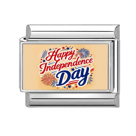 Picture of 1 Piece 304 Stainless Steel American Independence Day Italian Charm Links For DIY Modular Bracelet Watch Jewelry Making Wholesale Silver Tone Multicolor Rectangle Message " Happy Independence Day " 10mm x 9mm