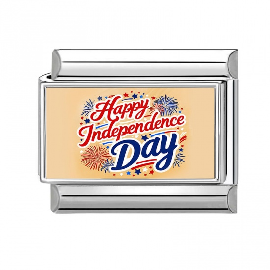 1 個 304ステンレス鋼 アメリカ独立記念日 イタリアンチャームリンク DIY モジュラーブレスレット・時計用 卸売り シルバートーン 多色 長方形 文字「 Happy Independence Day 」 10mmx 9mm、 の画像