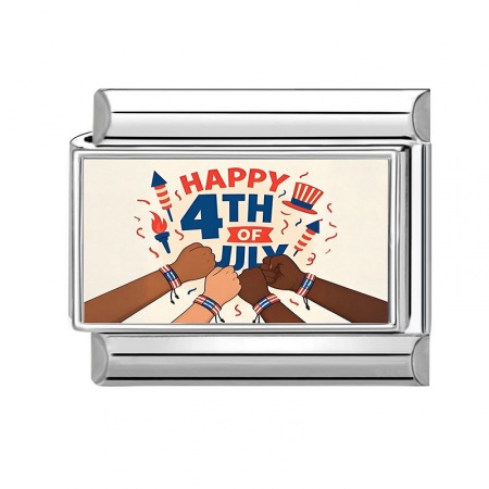 Picture of 1 Piece 304 Stainless Steel American Independence Day Italian Charm Links For DIY Modular Bracelet Watch Jewelry Making Wholesale Silver Tone Multicolor Rectangle Message " Happy 4th of July " 10mm x 9mm