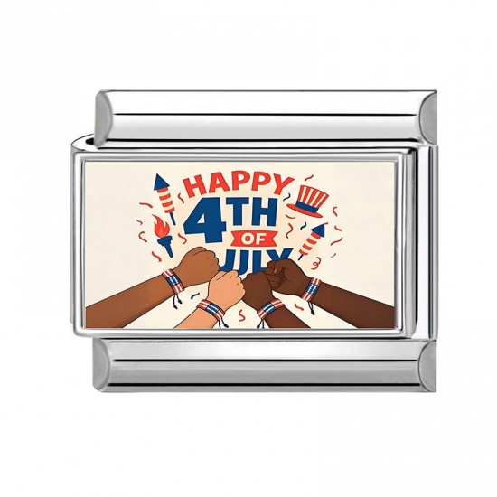 1 個 304ステンレス鋼 アメリカ独立記念日 イタリアンチャームリンク DIY モジュラーブレスレット・時計用 卸売り シルバートーン 多色 長方形 文字「 Happy 4th of July 」 10mmx 9mm、 の画像
