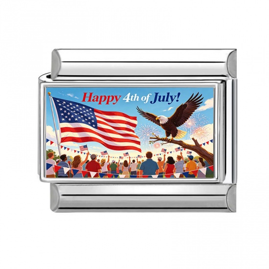 1 個 304ステンレス鋼 アメリカ独立記念日 イタリアンチャームリンク DIY モジュラーブレスレット・時計用 卸売り シルバートーン 多色 長方形 米国国旗 文字「 Happy 4th of July 」 10mmx 9mm、 の画像