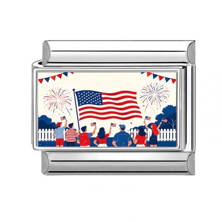 Picture of 1 Piece 304 Stainless Steel American Independence Day Italian Charm Links For DIY Modular Bracelet Watch Jewelry Making Wholesale Silver Tone Multicolor Rectangle Flag Of The United States 10mm x 9mm