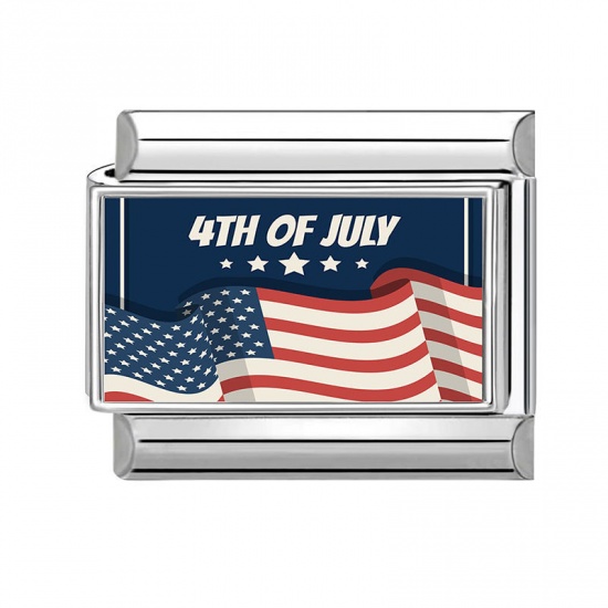 1 個 304ステンレス鋼 アメリカ独立記念日 イタリアンチャームリンク DIY モジュラーブレスレット・時計用 卸売り シルバートーン 多色 長方形 米国国旗 文字「 4th of July 」 10mmx 9mm、 の画像