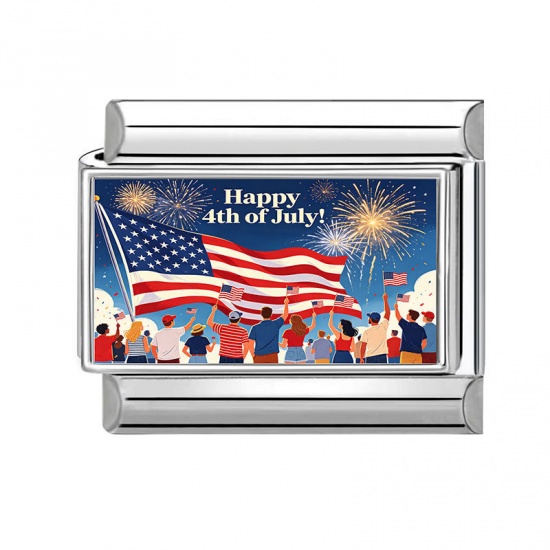 1 個 304ステンレス鋼 アメリカ独立記念日 イタリアンチャームリンク DIY モジュラーブレスレット・時計用 卸売り シルバートーン 多色 長方形 米国国旗 文字「 Happy 4th of July 」 10mmx 9mm、 の画像