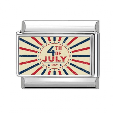 Picture of 1 Piece 304 Stainless Steel American Independence Day Italian Charm Links For DIY Modular Bracelet Watch Jewelry Making Wholesale Silver Tone Multicolor Rectangle Message " 4th of July " 10mm x 9mm
