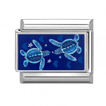 Picture of 1 Piece 304 Stainless Steel Ocean Jewelry Italian Charm Links For DIY Modular Bracelet Watch Jewelry Making Wholesale Silver Tone Blue Rectangle Tortoise 10mm x 9mm