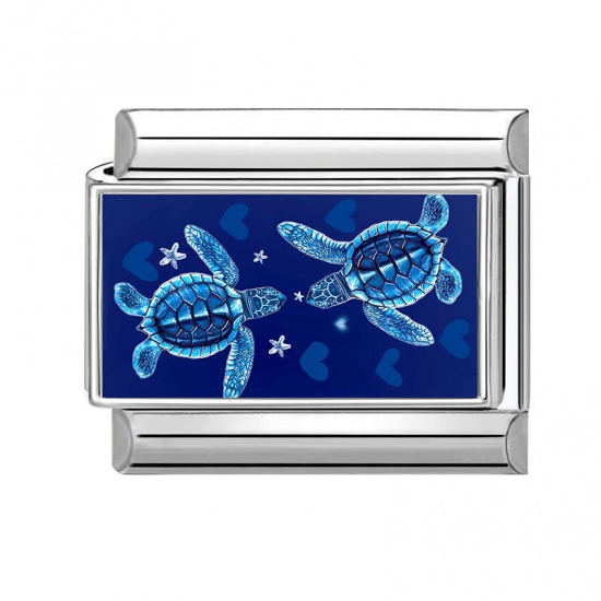 Picture of 1 Piece 304 Stainless Steel Ocean Jewelry Italian Charm Links For DIY Modular Bracelet Watch Jewelry Making Wholesale Silver Tone Blue Rectangle Tortoise 10mm x 9mm