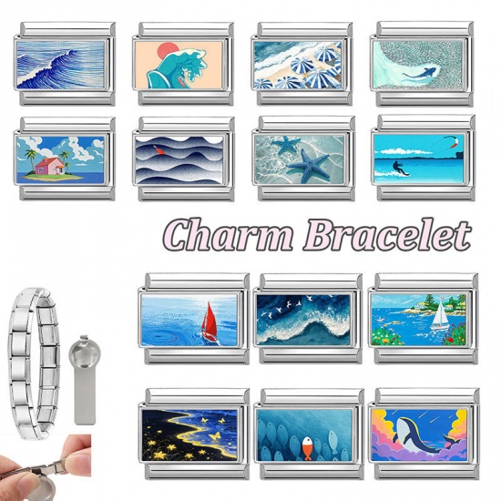 Picture of 1 Piece 304 Stainless Steel Ocean Jewelry Italian Charm Links For DIY Modular Bracelet Watch Jewelry Making Wholesale Silver Tone Blue Rectangle Tortoise 10mm x 9mm