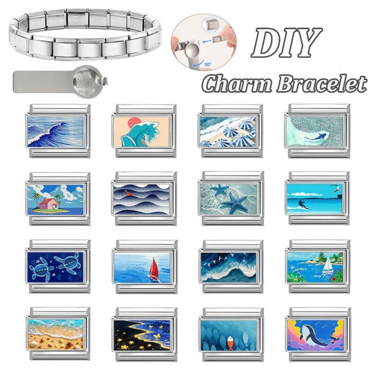 Picture of 1 Piece 304 Stainless Steel Ocean Jewelry Italian Charm Links For DIY Modular Bracelet Watch Jewelry Making Wholesale Silver Tone Blue Rectangle Tortoise 10mm x 9mm