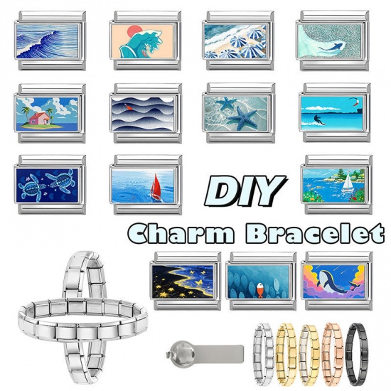 Picture of 1 Piece 304 Stainless Steel Ocean Jewelry Italian Charm Links For DIY Modular Bracelet Watch Jewelry Making Wholesale Silver Tone Blue Rectangle Tortoise 10mm x 9mm