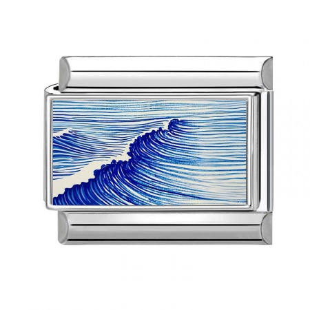 Picture of 1 Piece 304 Stainless Steel Ocean Jewelry Italian Charm Links For DIY Modular Bracelet Watch Jewelry Making Wholesale Silver Tone Blue Rectangle Wave 10mm x 9mm