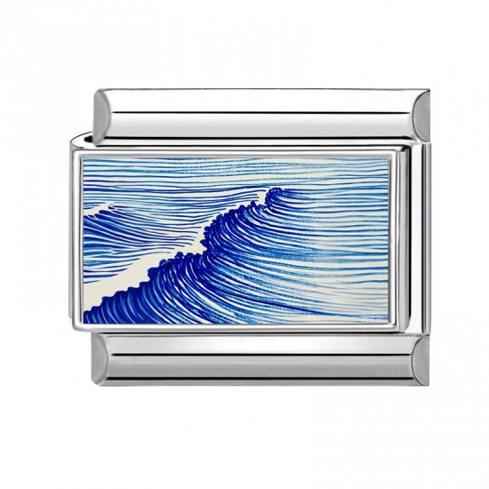 Picture of 1 Piece 304 Stainless Steel Ocean Jewelry Italian Charm Links For DIY Modular Bracelet Watch Jewelry Making Wholesale Silver Tone Blue Rectangle Wave 10mm x 9mm