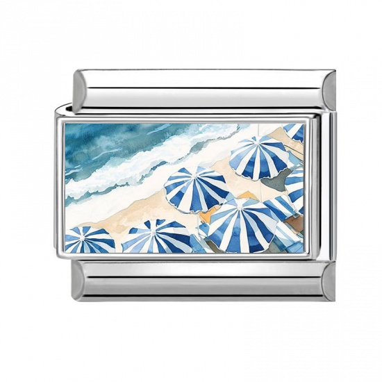 Picture of 1 Piece 304 Stainless Steel Ocean Jewelry Italian Charm Links For DIY Modular Bracelet Watch Jewelry Making Wholesale Silver Tone Blue Rectangle Beach 10mm x 9mm