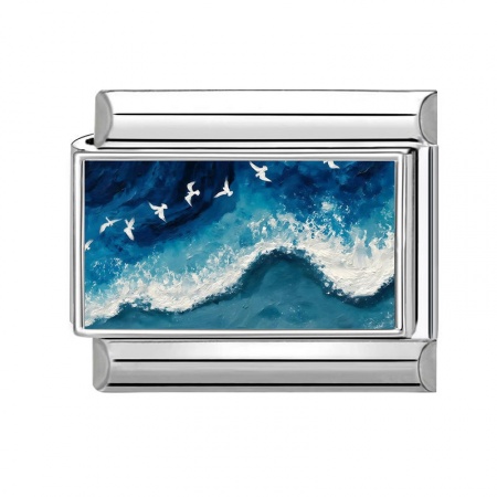 Picture of 1 Piece 304 Stainless Steel Ocean Jewelry Italian Charm Links For DIY Modular Bracelet Watch Jewelry Making Wholesale Silver Tone Blue Rectangle Seagull 10mm x 9mm