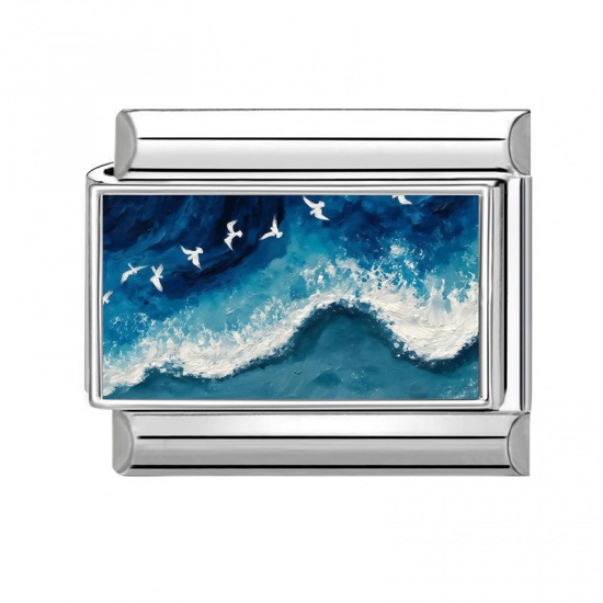 Picture of 1 Piece 304 Stainless Steel Ocean Jewelry Italian Charm Links For DIY Modular Bracelet Watch Jewelry Making Wholesale Silver Tone Blue Rectangle Seagull 10mm x 9mm