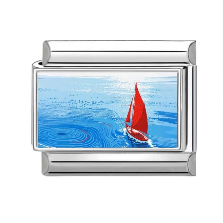 Picture of 1 Piece 304 Stainless Steel Ocean Jewelry Italian Charm Links For DIY Modular Bracelet Watch Jewelry Making Wholesale Silver Tone Blue Rectangle Sailing Boat 10mm x 9mm