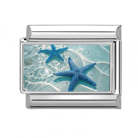 Picture of 1 Piece 304 Stainless Steel Ocean Jewelry Italian Charm Links For DIY Modular Bracelet Watch Jewelry Making Wholesale Silver Tone Blue Rectangle Star Fish 10mm x 9mm