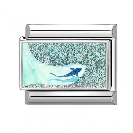 Picture of 1 Piece 304 Stainless Steel Ocean Jewelry Italian Charm Links For DIY Modular Bracelet Watch Jewelry Making Wholesale Silver Tone Blue Rectangle Whale Animal 10mm x 9mm