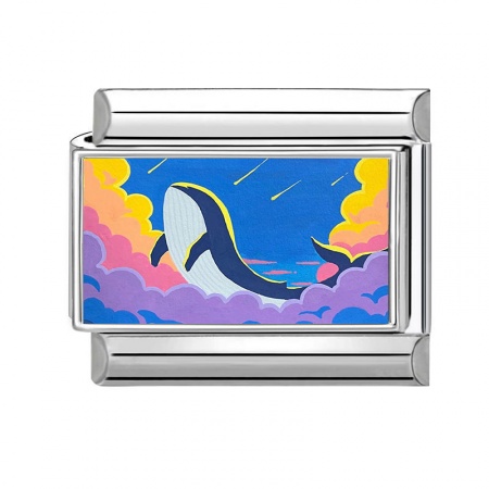 Picture of 1 Piece 304 Stainless Steel Ocean Jewelry Italian Charm Links For DIY Modular Bracelet Watch Jewelry Making Wholesale Silver Tone Multicolor Rectangle Whale Animal 10mm x 9mm