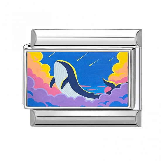 Picture of 1 Piece 304 Stainless Steel Ocean Jewelry Italian Charm Links For DIY Modular Bracelet Watch Jewelry Making Wholesale Silver Tone Multicolor Rectangle Whale Animal 10mm x 9mm