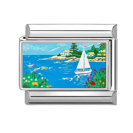 Picture of 1 Piece 304 Stainless Steel Ocean Jewelry Italian Charm Links For DIY Modular Bracelet Watch Jewelry Making Wholesale Silver Tone Multicolor Rectangle Sailing Boat 10mm x 9mm