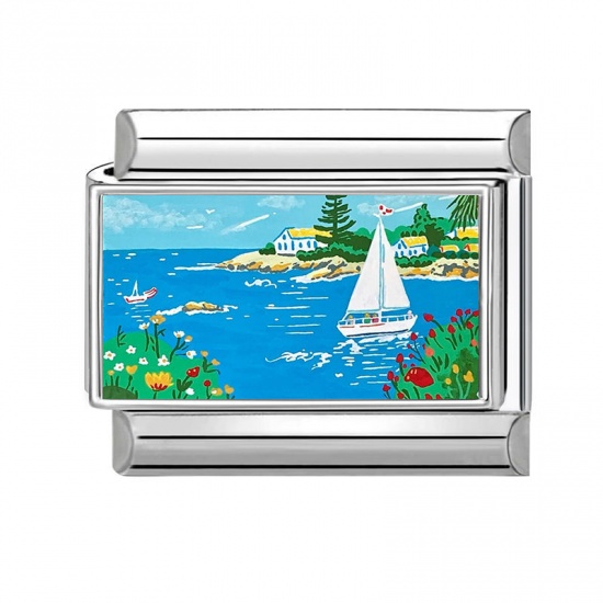 Picture of 1 Piece 304 Stainless Steel Ocean Jewelry Italian Charm Links For DIY Modular Bracelet Watch Jewelry Making Wholesale Silver Tone Multicolor Rectangle Sailing Boat 10mm x 9mm