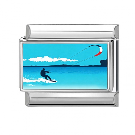 Picture of 1 Piece 304 Stainless Steel Ocean Jewelry Italian Charm Links For DIY Modular Bracelet Watch Jewelry Making Wholesale Silver Tone Blue Rectangle Kitesurfing 10mm x 9mm