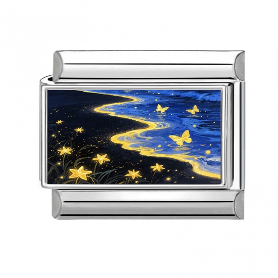 Picture of 1 Piece 304 Stainless Steel Ocean Jewelry Italian Charm Links For DIY Modular Bracelet Watch Jewelry Making Wholesale Silver Tone Blue Rectangle Star Fish 10mm x 9mm