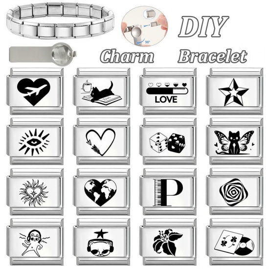 Picture of 1 Piece 304 Stainless Steel Italian Charm Links For DIY Modular Bracelet Watch Jewelry Making Wholesale Silver Tone Black Rectangle Vinyl Records 10mm x 9mm