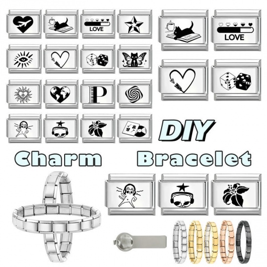Picture of 1 Piece 304 Stainless Steel Italian Charm Links For DIY Modular Bracelet Watch Jewelry Making Wholesale Silver Tone Black Rectangle Vinyl Records 10mm x 9mm