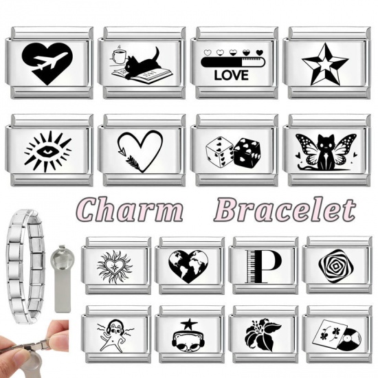 Picture of 1 Piece 304 Stainless Steel Italian Charm Links For DIY Modular Bracelet Watch Jewelry Making Wholesale Silver Tone Black Rectangle Vinyl Records 10mm x 9mm