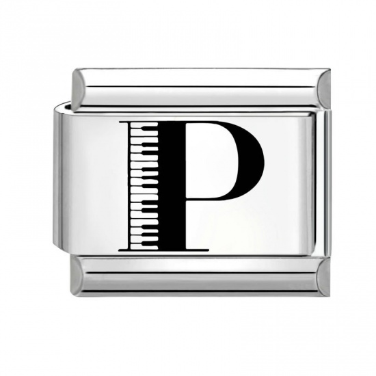 Picture of 1 Piece 304 Stainless Steel Italian Charm Links For DIY Modular Bracelet Watch Jewelry Making Wholesale Silver Tone Black Rectangle Piano 10mm x 9mm