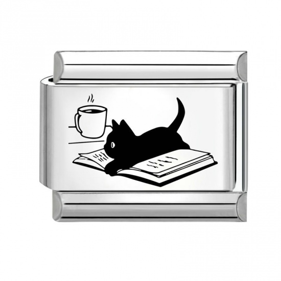 Picture of 1 Piece 304 Stainless Steel Italian Charm Links For DIY Modular Bracelet Watch Jewelry Making Wholesale Silver Tone Black Rectangle Cat 10mm x 9mm