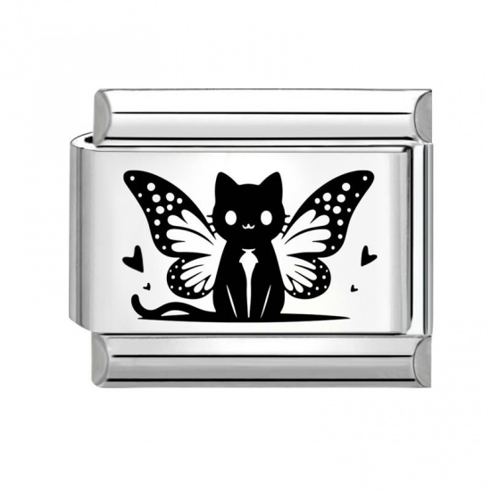 Picture of 1 Piece 304 Stainless Steel Italian Charm Links For DIY Modular Bracelet Watch Jewelry Making Wholesale Silver Tone Black Rectangle Cat 10mm x 9mm
