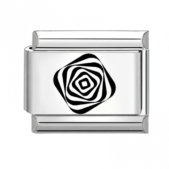 Picture of 1 Piece 304 Stainless Steel Italian Charm Links For DIY Modular Bracelet Watch Jewelry Making Wholesale Silver Tone Black Rectangle 10mm x 9mm