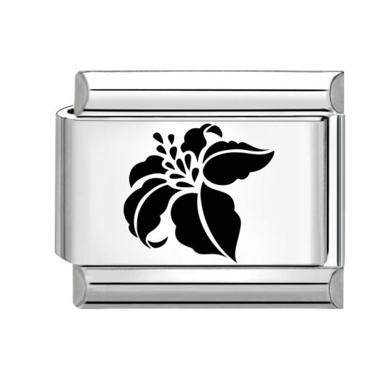 Picture of 1 Piece 304 Stainless Steel Italian Charm Links For DIY Modular Bracelet Watch Jewelry Making Wholesale Silver Tone Black Rectangle Flower 10mm x 9mm