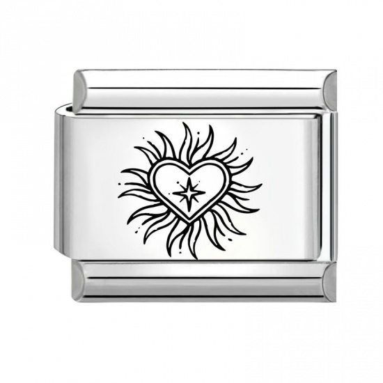 Picture of 1 Piece 304 Stainless Steel Valentine's Day Italian Charm Links For DIY Modular Bracelet Watch Jewelry Making Wholesale Silver Tone Rectangle Heart 10mm x 9mm