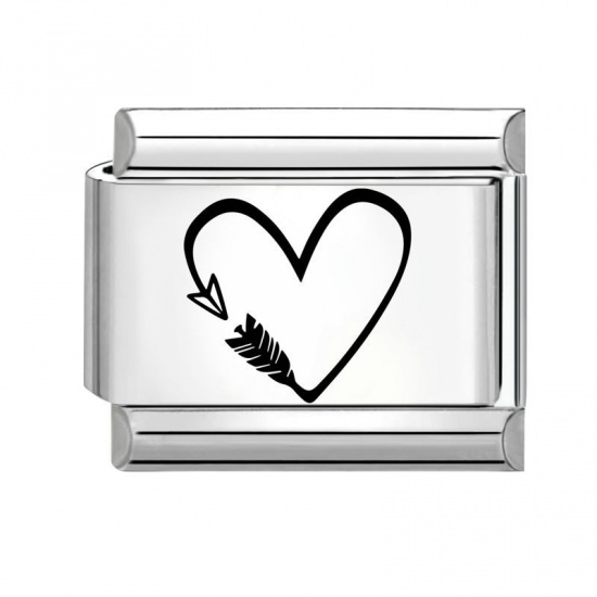 Picture of 1 Piece 304 Stainless Steel Valentine's Day Italian Charm Links For DIY Modular Bracelet Watch Jewelry Making Wholesale Silver Tone Rectangle Heart 10mm x 9mm