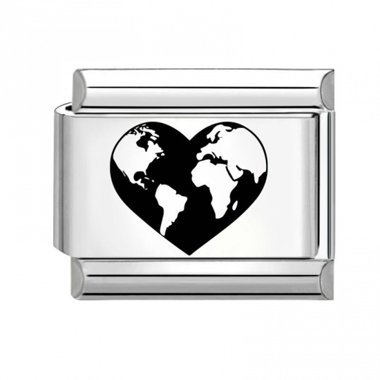 Picture of 1 Piece 304 Stainless Steel Valentine's Day Italian Charm Links For DIY Modular Bracelet Watch Jewelry Making Wholesale Silver Tone Rectangle Heart 10mm x 9mm