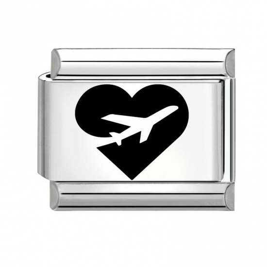 Picture of 1 Piece 304 Stainless Steel Valentine's Day Italian Charm Links For DIY Modular Bracelet Watch Jewelry Making Wholesale Silver Tone Rectangle Heart 10mm x 9mm